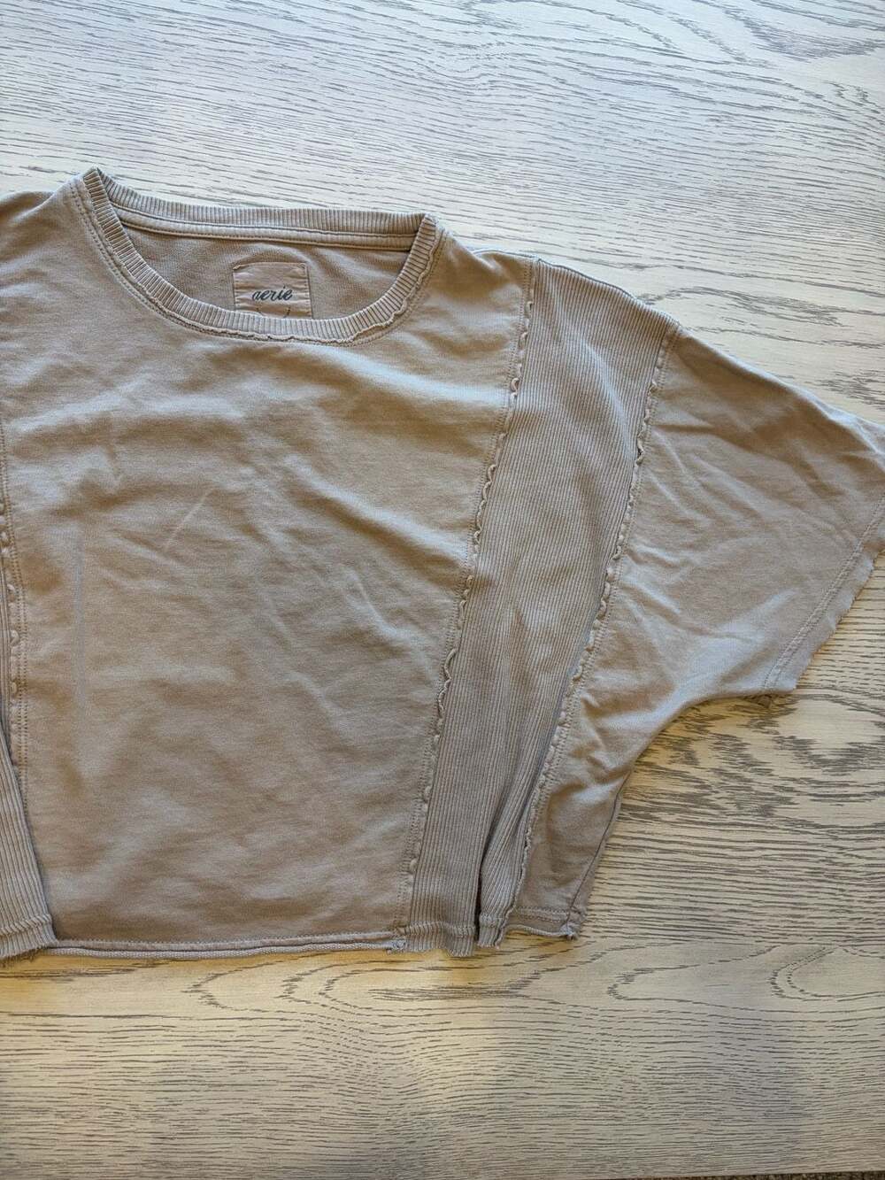 Aerie Raw Edge Dolman Tee Crop Top Taupe Grey